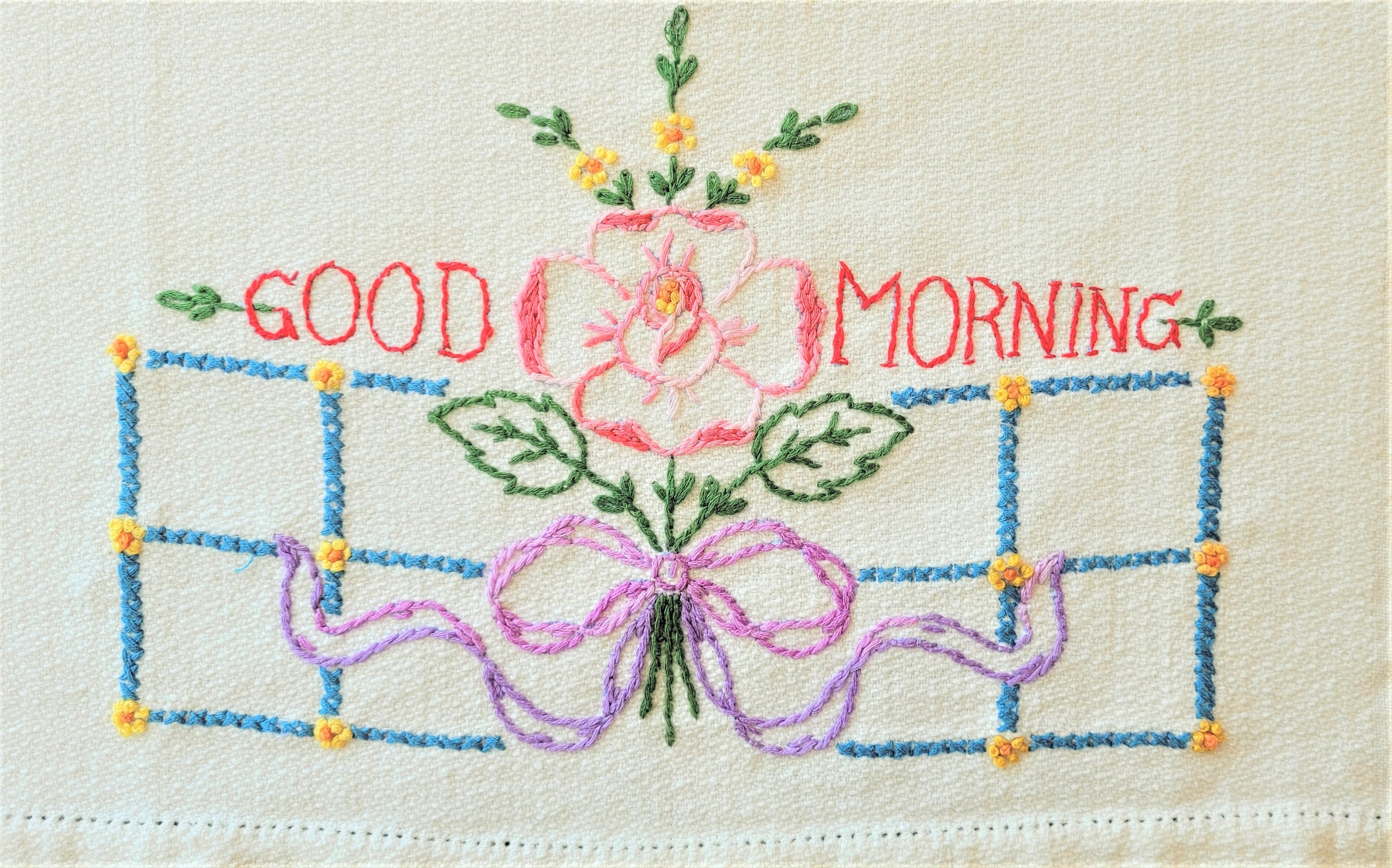 2 Good Morning Dish or Guest Towels, Hand Embroidered Pastel Roses &  Ribbons on Heavy White Cotton, Boott Mills Lowell MA, Exc Vintage Condn -  Etsy