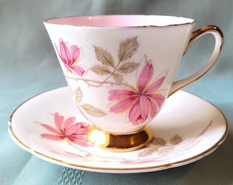 Old Royal Bone China Floral tea cup & saucer, pink flower, taupe leaves, pale pink interior, pattern #3739 England Exc vintage conditn