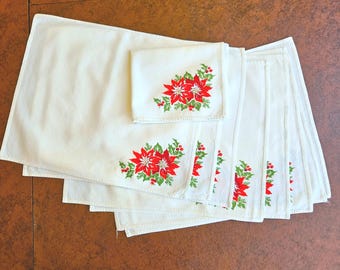 9 Christmas placemats, poinsettias and holly, in cotton 13" x 16" Great for everyday casual use, or use as napkins, Good vintage condition