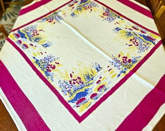 Lilly Pads & Cattails Tablecloth, Pride of Flanders, blue and green pond scene with maroon border, white linen, 50" sq Exc vintage cond