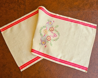 Ribbon & Floral Table Runner, roller towel, or bureau scarf, hand embroidered beige linen yardage, red stripes 17" x 39" unused Exc cond