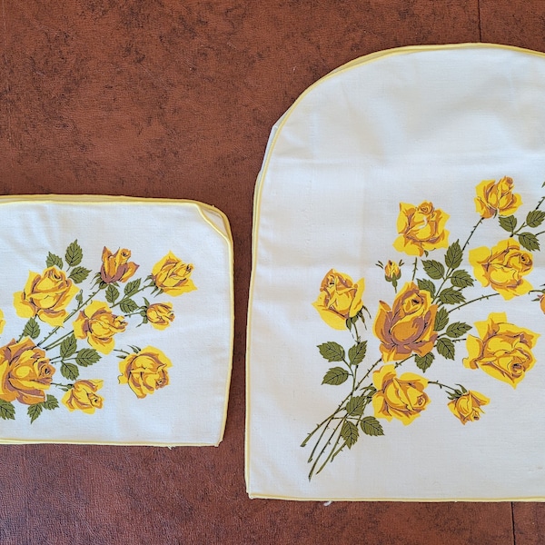 Printorama Yellow Rose Blender & Toaster covers, Sun Glo printed on both sides, original torn bag, cotton, unused Excellent vintage condtion