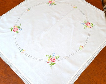 Pink Roses Tablecloth, 39" x 36" Hand Embroidered floral bunches in pink, blue, yellow & red on white cotton with crocheted trim. excel cond