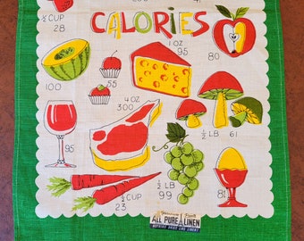 NWT Parisian Prints Calories Tea or Dish Towel, calorie counts, red yellow green on offwhite linen, label Excellent unused vintage condition