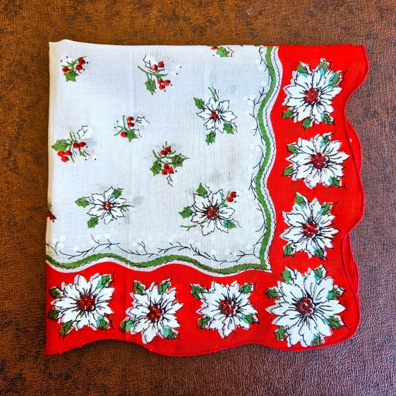 Vintage Christmas handkerchief hanky, White Poins… - image 1