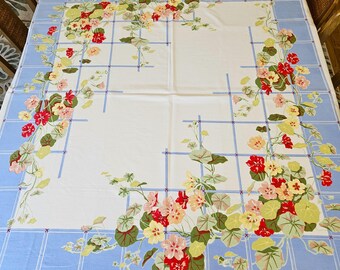 Nasturtium Floral Tablecloth by Prints Charming, E/S Ellison & Spring 53" x 48" dusty pastels , blue grid on white cotton, Exc vintage Cond