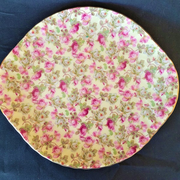 Pink & White Roses Chintz handled round cake plate, yellow background, gold trim 9.5" x 10.5" Chintz Collection, Royal Garden Staffordshire