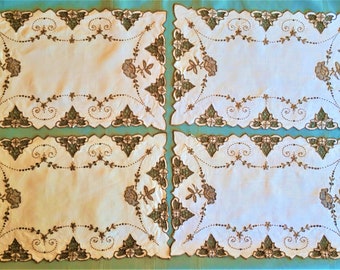 4 Madeira Cutwork & embroidery placemats, brown floral designs on cream linen, made in Portugal, 15" x 9.5" Excellent vintage condition