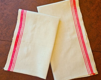 2 Red Striped Tea or Dish Towels, or Kitchen table runners, unused unwashed, cream linen 17" x 25.5", 17" x 33" Excellent vintage condition