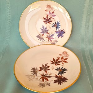 May include: Two off-white ceramic plates with gold rims. Each plate features a cluster of stylized leaves in shades of red, brown, purple, and blue. The plates are arranged on a light blue surface.