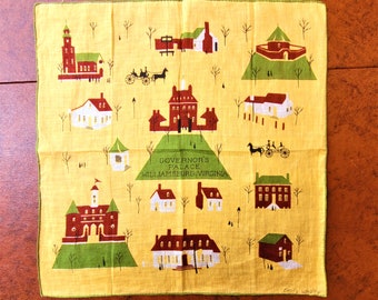 Emily Whaley Williamsburg VA souvenir handkerchief hanky, Governor's Palace, linen, hand rolled hem 13.5" fall colors, excell vintage cond