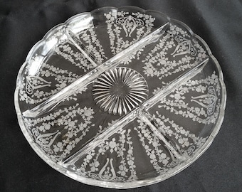 Cambridge Glass Diana 5-part crudite or relish server dish, scalloped edge 10.5" round etched clear serving plate, Excellent vintage Condtn