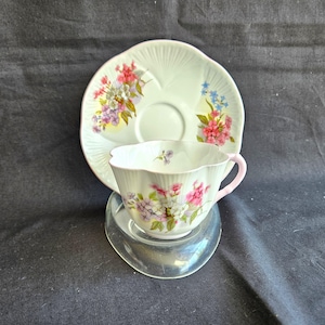 Shelley Bone China Stocks teacup & saucer, Dainty shape, pink trim, pattern #13428, Made in England  Excellent vintage condition
