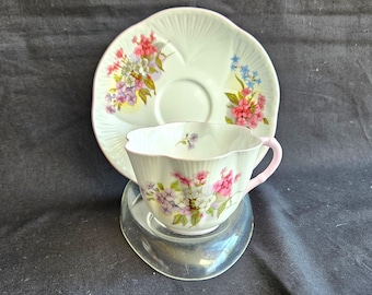 Shelley Bone China Stocks teacup & saucer, Dainty shape, pink trim, pattern #13428, Made in England  Exc vintage condition