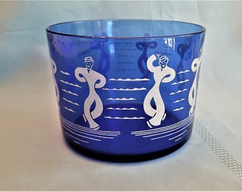 Dancing Sailors Cobalt Blue Ice Bucket or Tub by Hazel Atlas Sportsmen Series, 5.5" hi x 4.25" w, excellent vintage condition, no damage