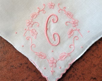 Madeira hand embroidered C monogram handkerchief, pink shadow embroidery on white linen, hand rolled hem 11.5" Excellent vintage condition