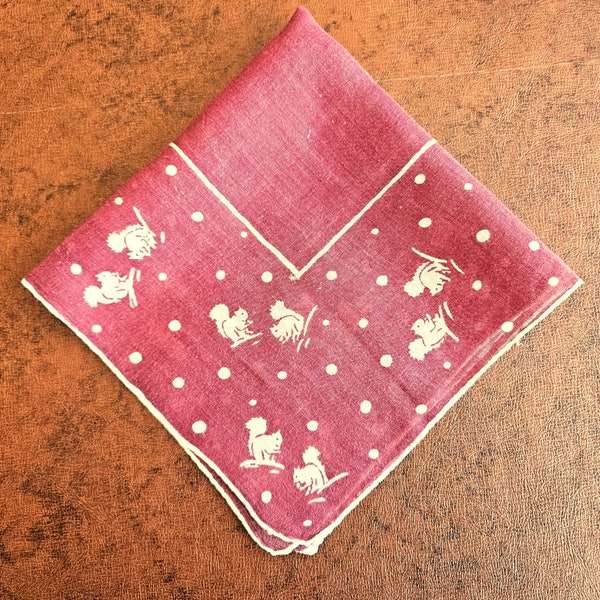 Squirrels & Dots Handkerchief, children's hanky, deep maroon and white on linen 13.5" sq hand rolled hem Excellent vintage condition