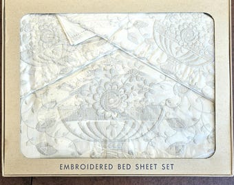 Embroidered Bed Sheet, 2 matching pillowcases, double bed size, satin embroidery on off-white cotton still in original 1948 gift box, unused
