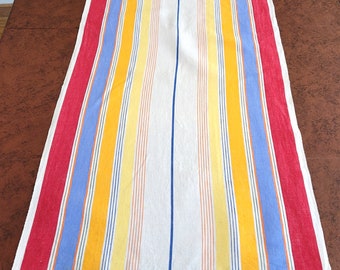 Striped Cotton Tea or Dish Towel or Kitchen table runner, bright stripes on heavy off-white cotton 32" x 16.5" Excellent vintage unused cond