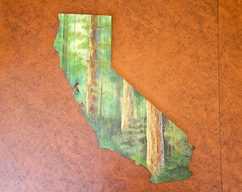 State of California Redwoods original hand painted acrylic painting, laser cut baltic birch wood, state outline, Autumn scenery 23.5" tall