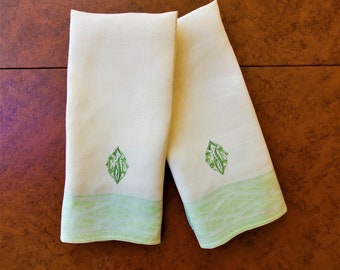 2 Monogrammed CJF Damask Show towels, shaving, tea or dish towels 14.5" x 23" off-white linen with green bands, excellent vintage condition