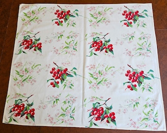 Wilendur Cherries & Cherry Blossom Tablecloth, Tea Cloth, or Table Topper heavy cotton canvas 35" x 30" Very Good to Excellent vintage cond