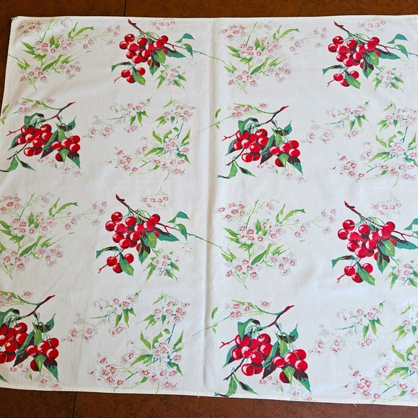 Wilendur Cherries & Cherry Blossom Tablecloth, Tea Cloth, or Table Topper heavy cotton canvas 35" x 30" Very Good to Excellent vintage cond