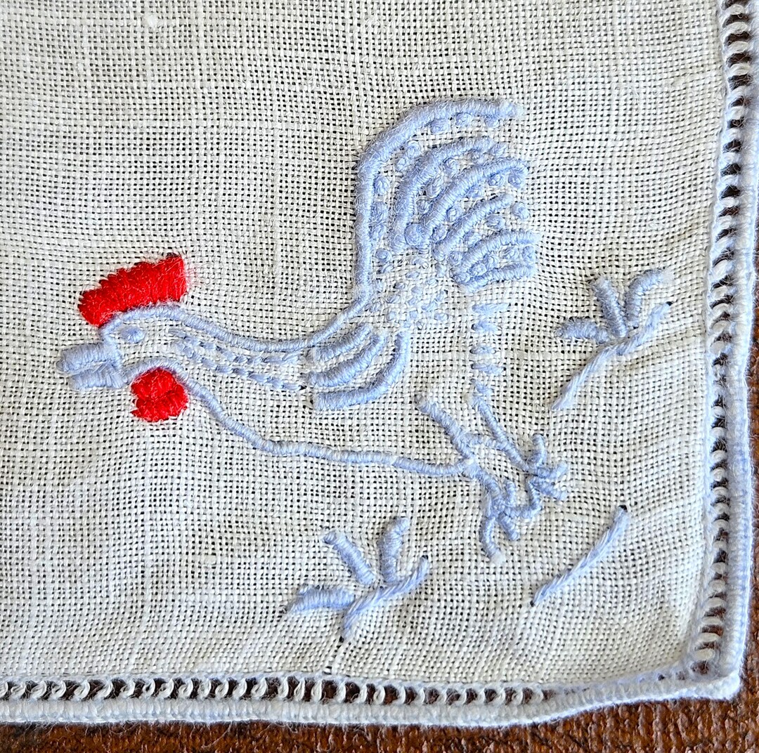 4 Rooster Cocktail Napkins With Blue Pulled Thread Edging, and Red ...