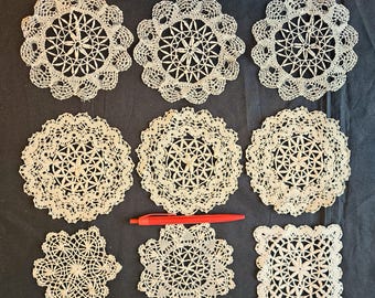 9 assorted Cocktail rounds, drink coasters, or Doilies 4" to 5" rnd white cotton Bobbin Tape Lace, needle lace, wheat ears Exc vintage cond
