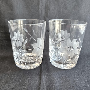 May include: A pair of clear glass tumblers, each decorated with an etched floral pattern. The flowers are finely detailed, and the base of each glass features a cut-glass texture. The glasses are suitable for water or other beverages.