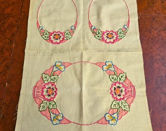 Unfinished Tinted & Embroidered Buffet Set, Vogue Art 3-pc doily set, pink blue green on beige linen, ready to cut and trim Exc vintage cond