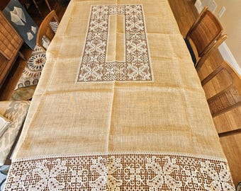 Italian linen tablecloth, 8 napkins, beige Punto Deruta drawn thread work with white needle lace border unused 70" x 88" Marshall Field & Co