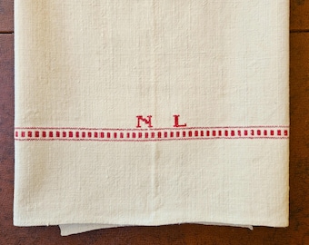 European Red Border Tea, Kitchen or Torshon Dish Towel, Cross stitch NL monogram 25" x 31.5" beige homespun linen, Exc vintage condition