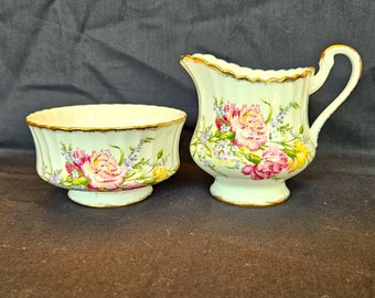 Pinks & Stocks Paragon creamer and open sugar bowl, Carnations, Forget-me-nots, scalloped gold rim, Bone China #113 Excellent vintage cond