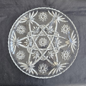 EAPC 5-part platter, 13.5&quot; clear pressed glass Early American Prescut, Star of David, Anchor Hocking Glass, Fire King, Excel vintage cond