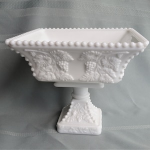 Beaded Grape milk glass Square Footed Fruit Bowl, flower or centerpiece bowl, Westmoreland Glass Co 8&quot; tall x 9&quot; marked WG Exc vintage cond