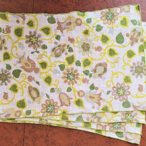 4 Mod Floral placemats, browns, greens & grays on rustic beige linen with green edge trim. Excellent vintage condition, great for everyday