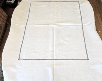 Tiger Lily Damask Tablecloth with pulled thread insets and 2" wide hems, 60" x 65", Art Deco floral off-white heavy linen, Exc Vintage cond
