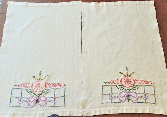 2 Good Morning Dish or Guest Towels, Hand Embroidered Pastel Roses &  Ribbons on Heavy White Cotton, Boott Mills Lowell MA, Exc Vintage Condn -  Etsy Norway