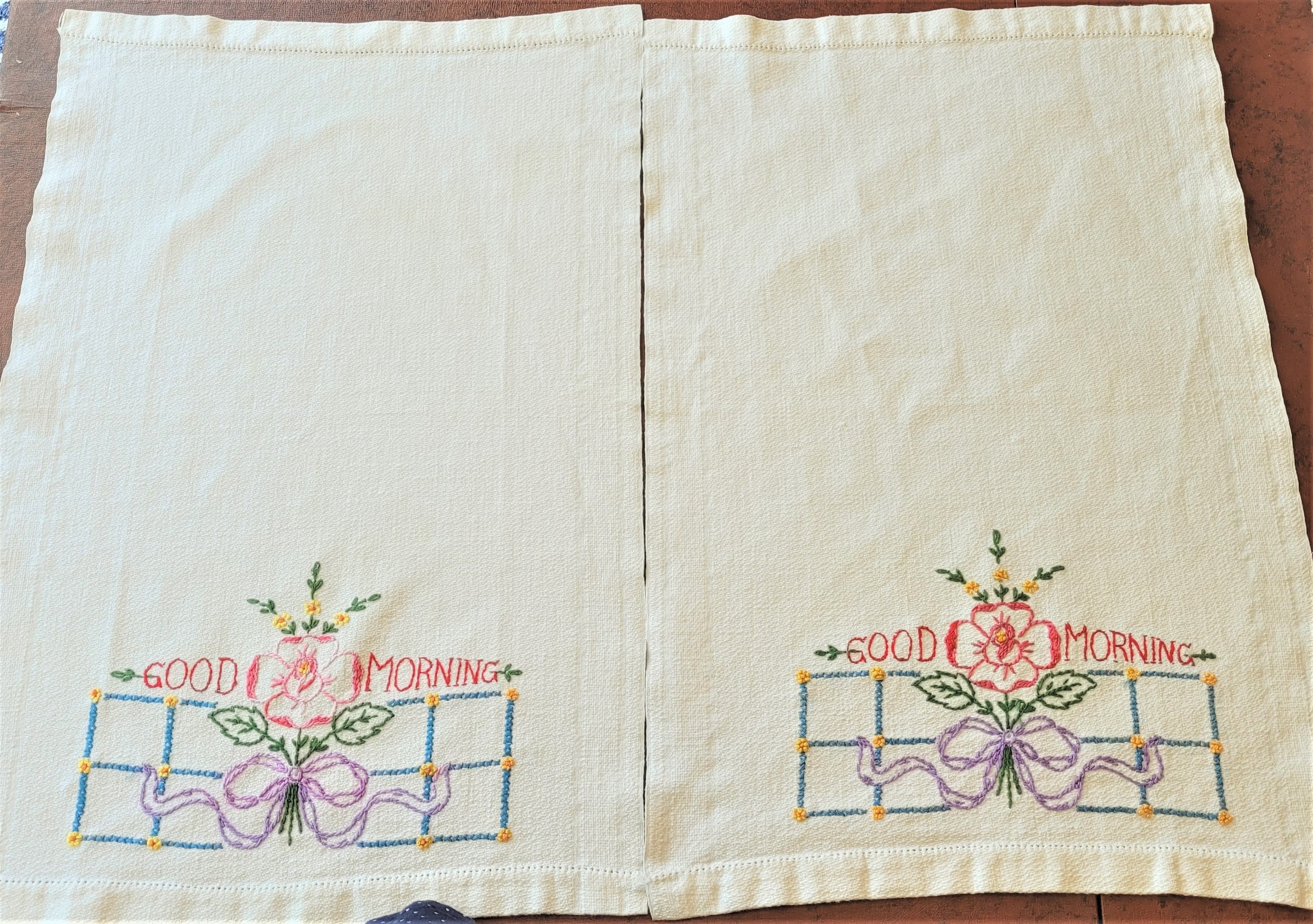 2 Good Morning Dish or Guest Towels, Hand Embroidered Pastel Roses &  Ribbons on Heavy White Cotton, Boott Mills Lowell MA, Exc Vintage Condn -  Etsy