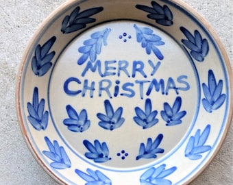 Beaumont Bros Pottery Merry Christmas blue & gray stoneware pie pan 9.5" x 2" Handmade hand painted, Marked BBP 1994, excellent vintage cond