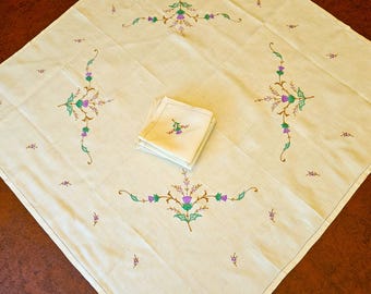 Scottish Thistle Tea Tablecloth, 7 napkins, 34" sq, embroidered green & purple thistles and heather on beige linen, Exc vintage cond