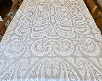 Alencon Lace Tablecloth, off-white 87" x 60" Made in France label, Paisley design, possibly cotton, Very Good vintage condition, no damage