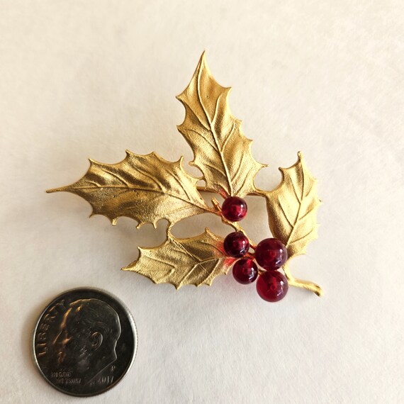 MMA Holly Leaf Sprig Berries Pin or Brooch Brushed Gold Tone