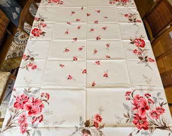 Pink Iris & Daisy Tablecloth 52" x 70" pink and beige on white cotton, Fashion Manor JCPenney, NWT NIP new in pkg with tag Exc vintage Cond