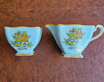 Canada creamer & open sugar bowl, teal blue with gold trim, Canadian Seal, Royal Winton Grimwades England 2.75" x 2.25" hi