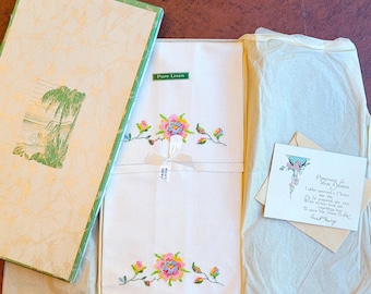 2 Petit Point Guest, Hand or Tea Towels pastel floral embroidery on ecru linen 20" x 14" unused, boxed 1924 shower gift, Exc vintage cond