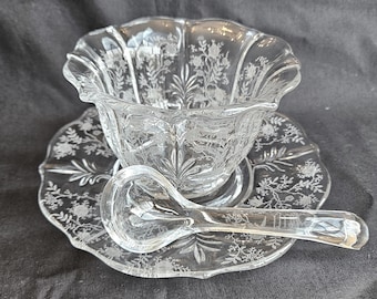 Fostoria Baroque Chintz Mayonnaise or whipped cream bowl, underplate & spoon, 3 piece set with rose etch #338 Exc vintage condition