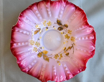 Victorian Bride's Bowl, pink cased milk glass molded & ruffled 11" x 3.75" tall, hand painted leaves flowers Austria, Very good vintage cond