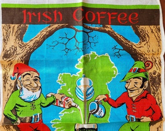 Irish Coffee Souvenir of Ireland Dish or Tea Towel, or wall hanging, Leprechauns, drink recipe, all linen Excellent vintage unused condition